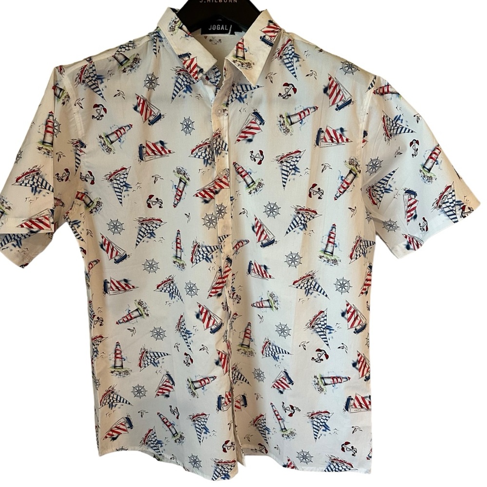 Jogal men’s short sleeved beach button down shirt summer beach business casual L